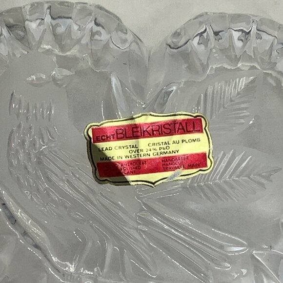 Vtg ECHT BLEIKRISTALL Lead Crystal Heart Shape Bird Etched Candy Dish Germany - Picture 4 of 6